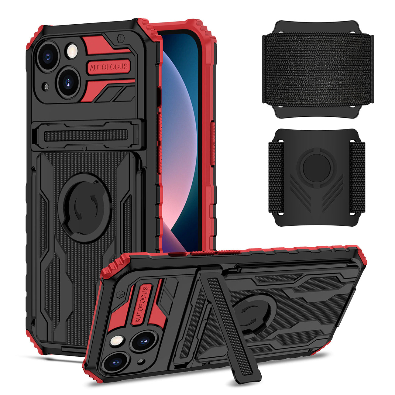 High Elastic Plastic iPhone 13 Case with Kickstand, Sports Mobile Wristband and Card Slot In Red